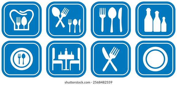 Set menu catering, restaurant, spoon, fork, knife and plate icon set. kitchen sign icon. Tableware Vector illustration