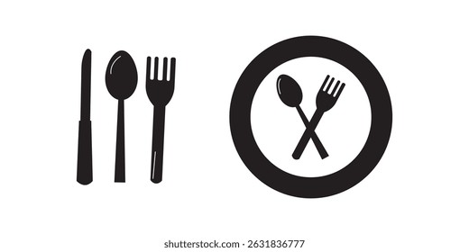 Set menu catering, restaurant, spoon, fork, knife and plate icon set in line. Tableware Vector illustration