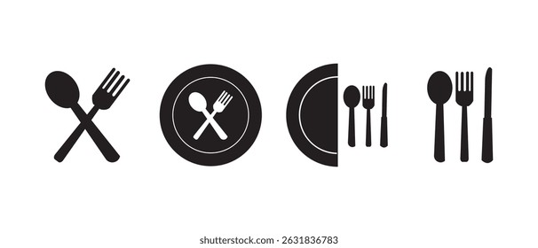 Set menu catering, restaurant, spoon, fork, knife and plate icon set in line. Tableware Vector illustration