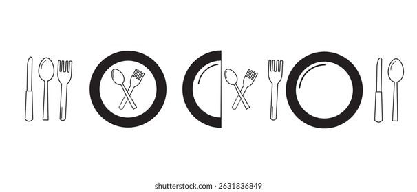 Set menu catering, restaurant, spoon, fork, knife and plate icon set in line. Tableware Vector illustration
