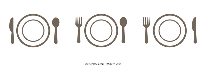 Set menu catering, restaurant, spoon, fork, knife and plate icon set in line. Tableware Vector illustration