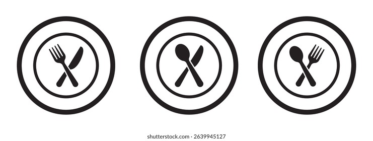 Set menu catering, restaurant, spoon, fork, knife and plate icon set in line. Tableware Vector illustration