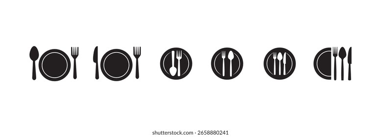 Conjunto de menú de catering, restaurante, cuchara, tenedor, cuchillo y plato icono en línea. Ilustración vectorial de vajilla