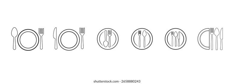 Conjunto de menú de catering, restaurante, cuchara, tenedor, cuchillo y plato icono en línea. Ilustración vectorial de vajilla