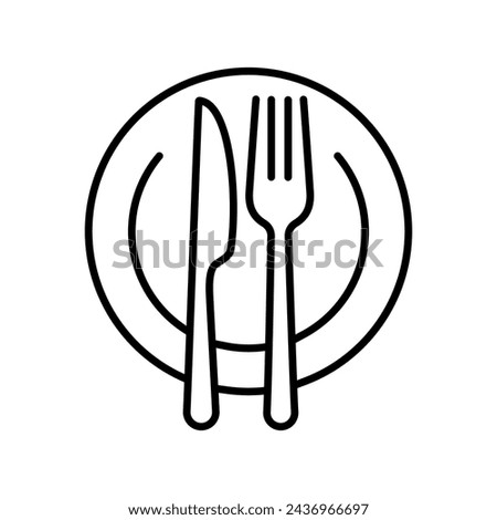 Set menu catering, restaurant, spoon, fork, knife and plate icon set in line. Tableware Vector illustration