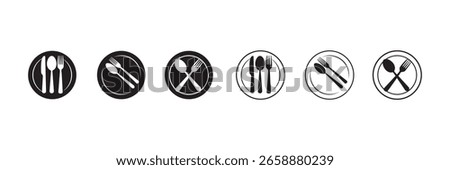 Set menu catering, restaurant, spoon, fork, knife and plate icon set in line. Tableware Vector illustration