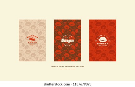 Set of menu cover, label, logo and seamless pattern for burger restaurant. Various colors background