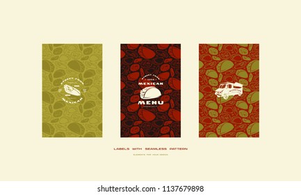 Set of menu cover, label, logo and seamless pattern for mexican restaurant. Various colors background