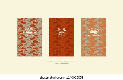 Set of menu cover, label, logo and seamless pattern for fast food diner. Various colors background