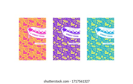 Set of menu cover, label, logo and seamless pattern for street food diner. Various colors background