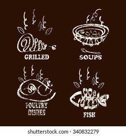 Set for menu design, who was written with chalk. Set contains images of different dish and text.  Set for menu design.Chalk written style.