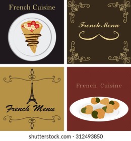 Set of menu designs with text and different elements. Vector illustration