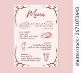 Set menu with frame and hand-drawn food illustration. Vector illustration set menu with starter food, main course, dessert and beverage.