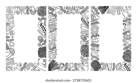 Set of menu frames. Hand drawn pasta and vegetables frames set. Spaghetti, pasta, noodles, tomato, cucumber, carrot, mushroom, broccoli