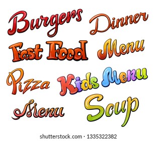 Set of menu handwritten lettering. Restaurant cafe menu title. Calligraphic comic style headline. Colorful bright volume font. Soup grill starters and other - Powered by Shutterstock - Get 15% off with code: PIKWIZARD15
