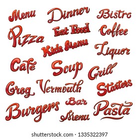 Set of menu handwritten lettering. Restaurant cafe menu title. Calligraphic comic style headline. Red volume font. Soup grill pizza burgers and other