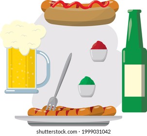 Set for the menu. Hot Dog on a plate. Beer. Sauces. Fast food. Flat design.
