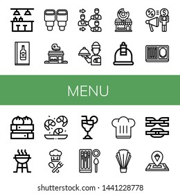 Set of menu icons such as Bar, Wine menu, Pastry, Butcher shop, Share, Waiter, Donut shop, Cupping, Meal, Dumpling, Charcoal grill, Shrimp, Cook, Cosmopolitan, Churros , menu