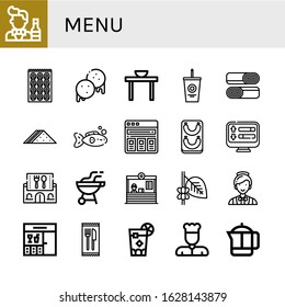 Set of menu icons. Such as Bartender, Bagel, Arepas, Dinner table, Soda, Shawarma, Sandwich, Fish, Price list, Sausage, Load, Restaurant, Bbq, Coffee, Catering, Bar , menu icons
