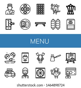 Set of menu icons such as Chef, Login, Dumpling, Fish, Bagel, Breakfast tray, Eating, Sausage, Coffee maker, Semolina, Shrimp, Fast food, Nachos, Waiter, Lobster, Pizza , menu