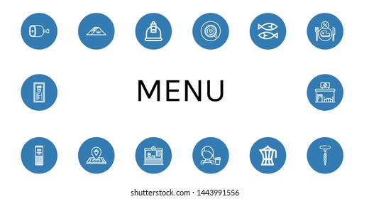 Set of menu icons such as Ham, Sandwich, Cupping, Coffee, Sardines, Restaurant, Pasta, Ice cream, Barista, Coffee maker, Corkscrew, Menu, Coffee shop , menu