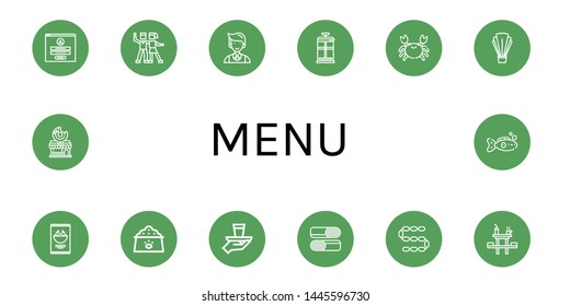 Set of menu icons such as Login, Salsa, Waiter, French press, Crab, Salad, Nachos, Dog food, Serve, Shawarma, Sausage, Dinner table, Donut shop, Fish , menu