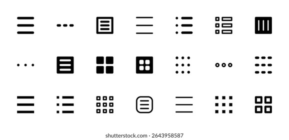 Set of menu interface icons. Digital user interface elements for web or mobile application. Hamburger menu and option buttons.