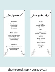 Set menu for a party or wedding with an interesting design let's eat and drink