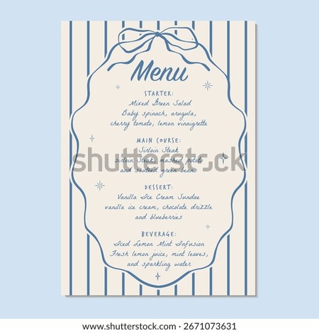 Set menu with ribbon frame and stripe background. Vector illustration restaurant or cafe set menu with starter food, main course, dessert and beverage.