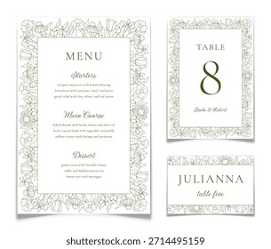 Conjunto de menú y tarjeta de configuración de mesa con marco de flor de contorno verde. Boda selección de alimentos y número de mesa postal con borde floral de arte de línea. Suministros de papel de la novia del restaurante. Ilustración vectorial.