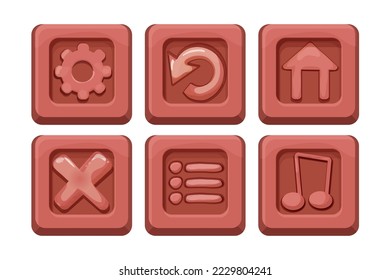 Set menu ui buttons on stone block in comic cartoon style, game design element, interface object isolated on white background.