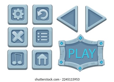 Set menu ui buttons on stone block in comic cartoon style, game design element, interface object isolated on white background.