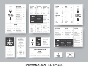 menú para cafés y restaurantes de estilo clásico blanco dividido en bloques. Plantillas A4, tres veces, DL, vale de regalo y tarjeta de fidelidad. Ilustración del vector