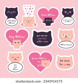 Set of meow stickers with different cats speaking funny phrases. Cute cat stickers for fun. Suitable for love cards