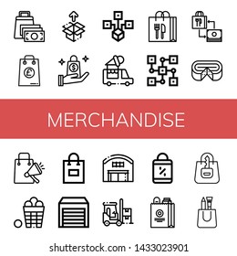 Set of merchandise icons such as Shopping bag, Unboxing, Distributed, Ice cream truck, Cheese, Basket, Warehouse, Forklift , merchandise