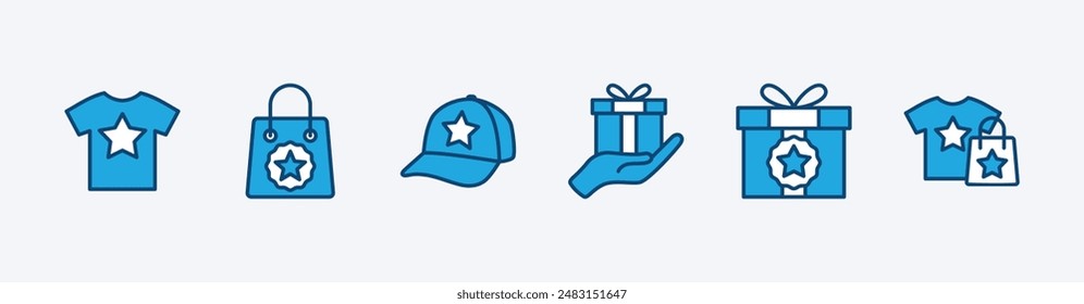 Set of merchandise or merch product icon. Containing t-shirt, shopping bag, hat, present gift. Vector illustration