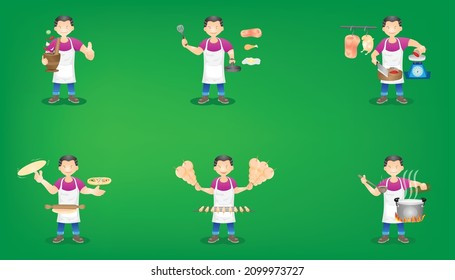 un grupo de cocineros comerciantes se levanta con comida y equipo para cocinar ensalada de papaya, barbacoa de futbol, mercado de pollo de cerdo, comida rápida. ilustración vectorial eps10