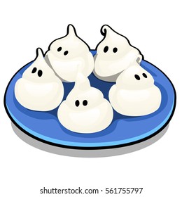 Set a meringue in the shape of ghosts isolated on white background. Vector illustration close-up.