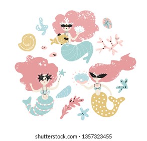 Set of mermaid in cartoon style. Mermaid in carnival mask.  Collection of cute colored fish and shell.  Vector illustration for children, print, poster, card, social media
