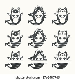 Set of mermaid cats. Cat with mermaid tail, hand drawn vector illustration. Split name frames and circle monogram borders. Monochrome digital graphic, isolated elements for decal, sticker, card