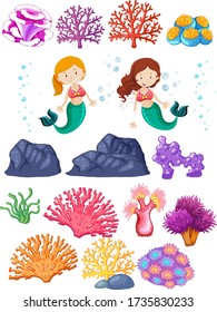 Set of mermaid and coral reefs on white background illustration