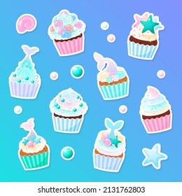 Set of mermaid cupcake stickers. Illustrations of birthday sweet muffins decorated with cream, pearl sprinkles and mermaid tail. Vector 10 EPS.