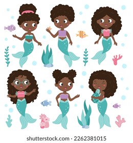 Conjunto de sirena con piel oscura y pelo rizado. Personajes de dibujos animados. Algas marinas de estilo plano, plantas submarinas y peces. Ilustración vectorial.