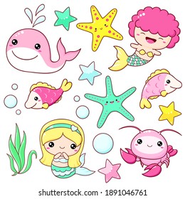 Set of mermaid icons in kawaii style. Little mermaids, cute whale, cancer, fish, starfish. Vector illustration EPS8