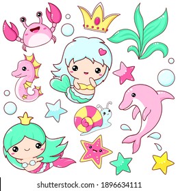 Set of mermaid icons in kawaii style. Collection of stickers with little mermaids, cute dolphin, crab, seahorse, starfish, snail. Vector illustration EPS8