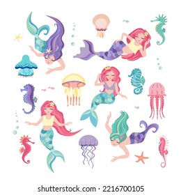 Set of mermaid, jellyfish and seahorses. Cute little girls mermaid with different shapes of tail. Template for design greeting cards, notebook, kids poster. Cartoon vector illustration