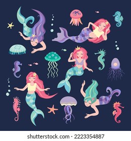 Set of mermaid, jellyfish and seahorses. Cute little girls mermaid with different shapes of tail. Template for design greeting cards, notebook, kids poster. Cartoon vector illustration.