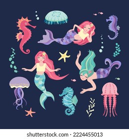 Set of mermaid, jellyfish and seahorses. Cute little girls mermaid with different shapes of tail. Template for design greeting cards, notebook, kids poster. Cartoon vector illustration.