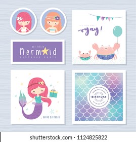 Set of mermaid and marine life greeting cards/ stickers design