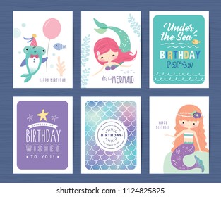 Set of mermaid and marine life greeting cards design